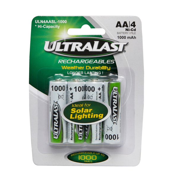 Solar Rechargeable Battery Ni-Cad AA 1.2 V 1000 mAh ULN4AASL.1000 4 pk For Sale